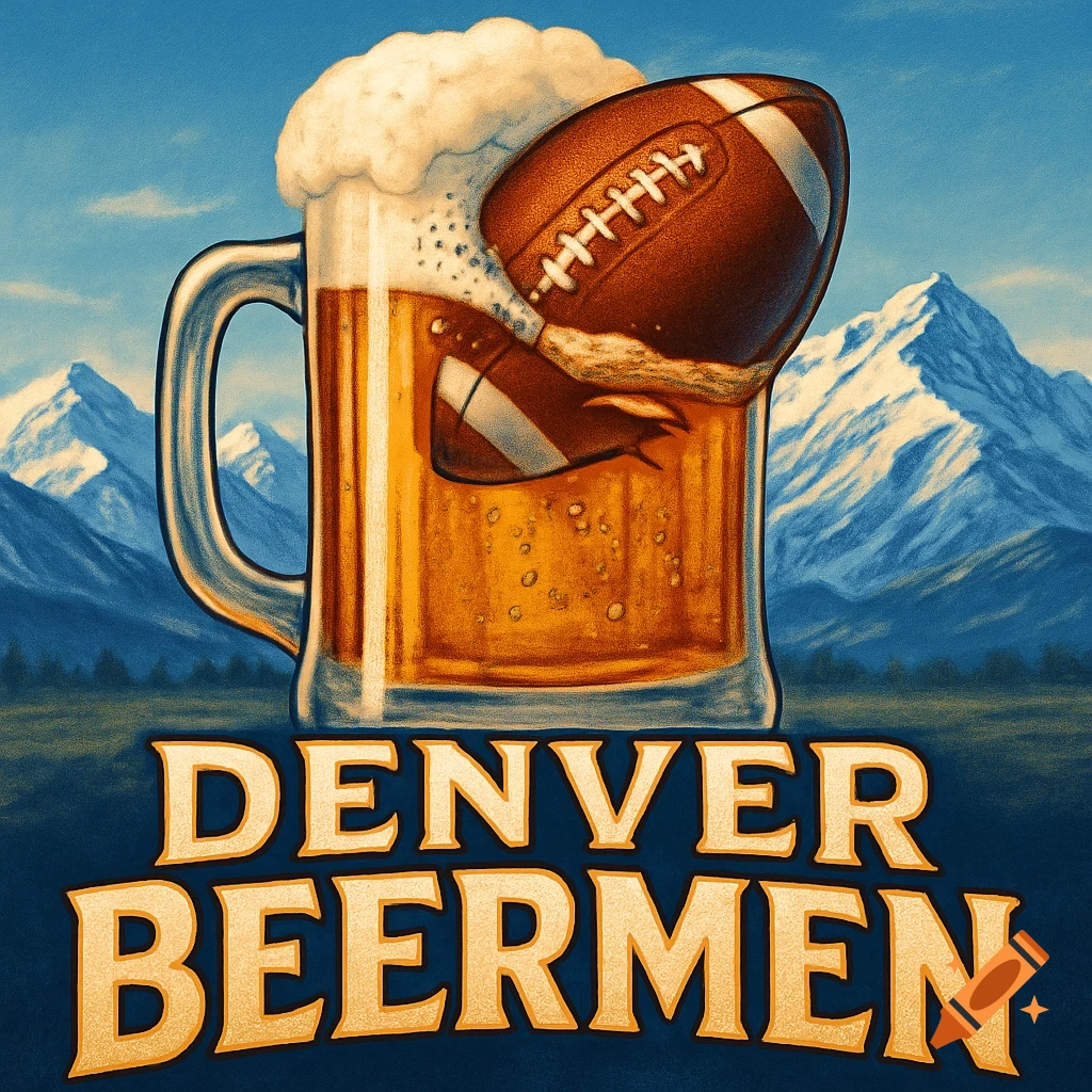 An illustration of a football in an overflowing beer mug with mountains in the background and 'Denver Beermen' text.