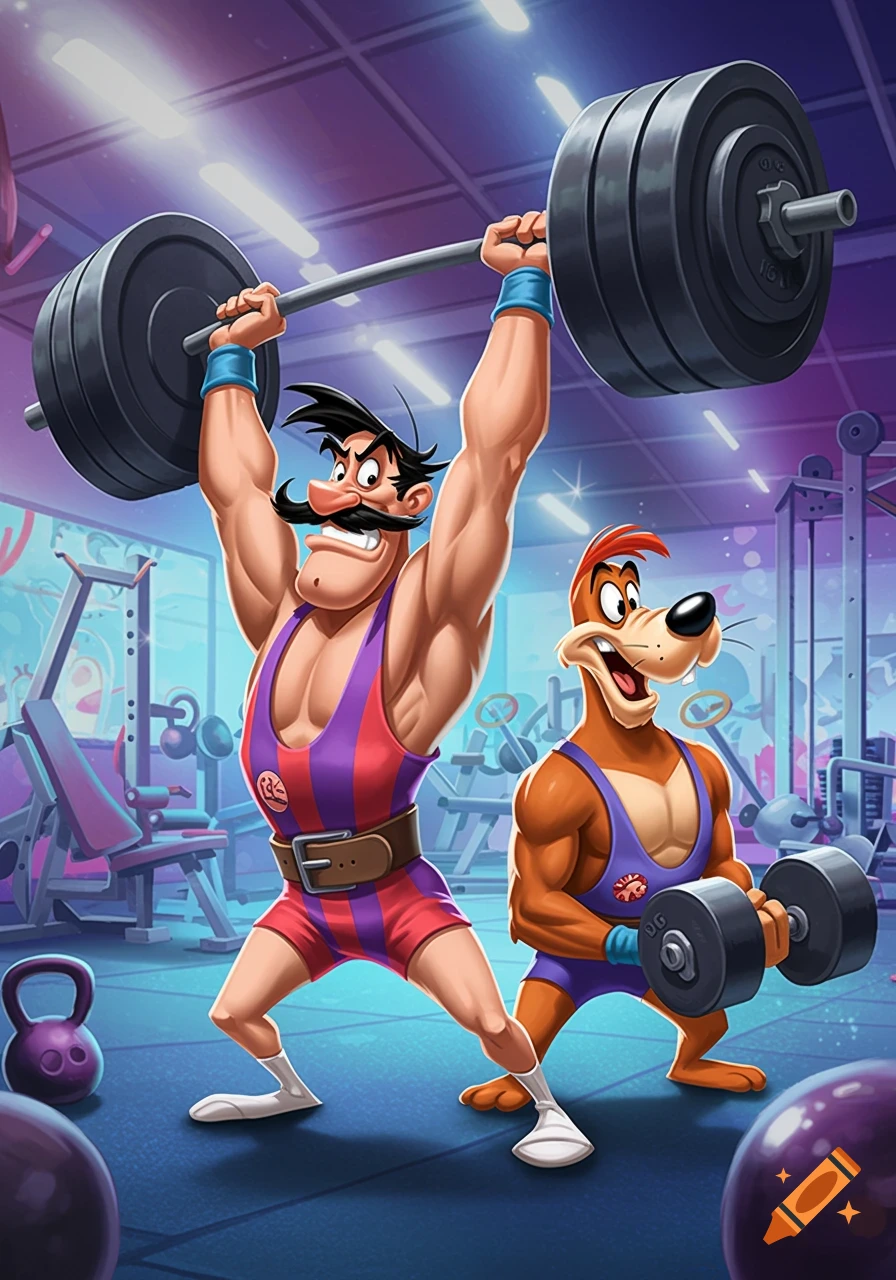 A cartoon man with a mustache and a cartoon dog are powerlifting in a gym. The man lifts a barbell, and the dog lifts dumbbells.