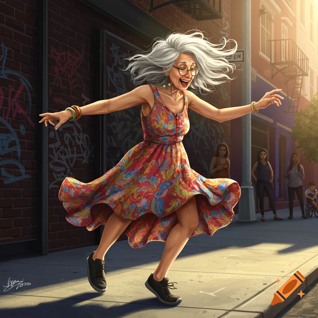 An excited elderly woman with gray hair and glasses in a colorful dress dances on a city sidewalk.