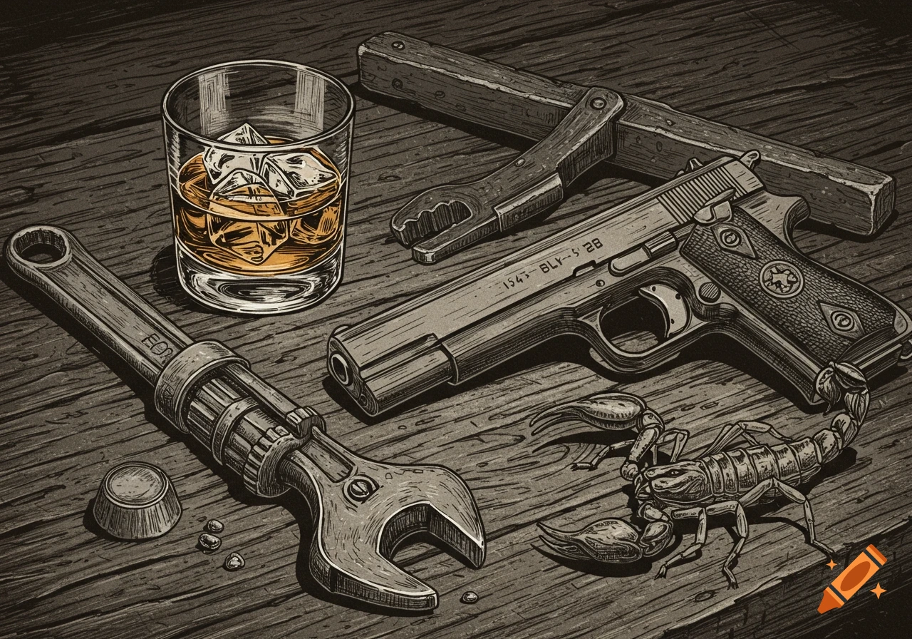 Engraved style illustration of a pistol, wrench, and glass of whiskey with ice on a wooden table, with a scorpion nearby.