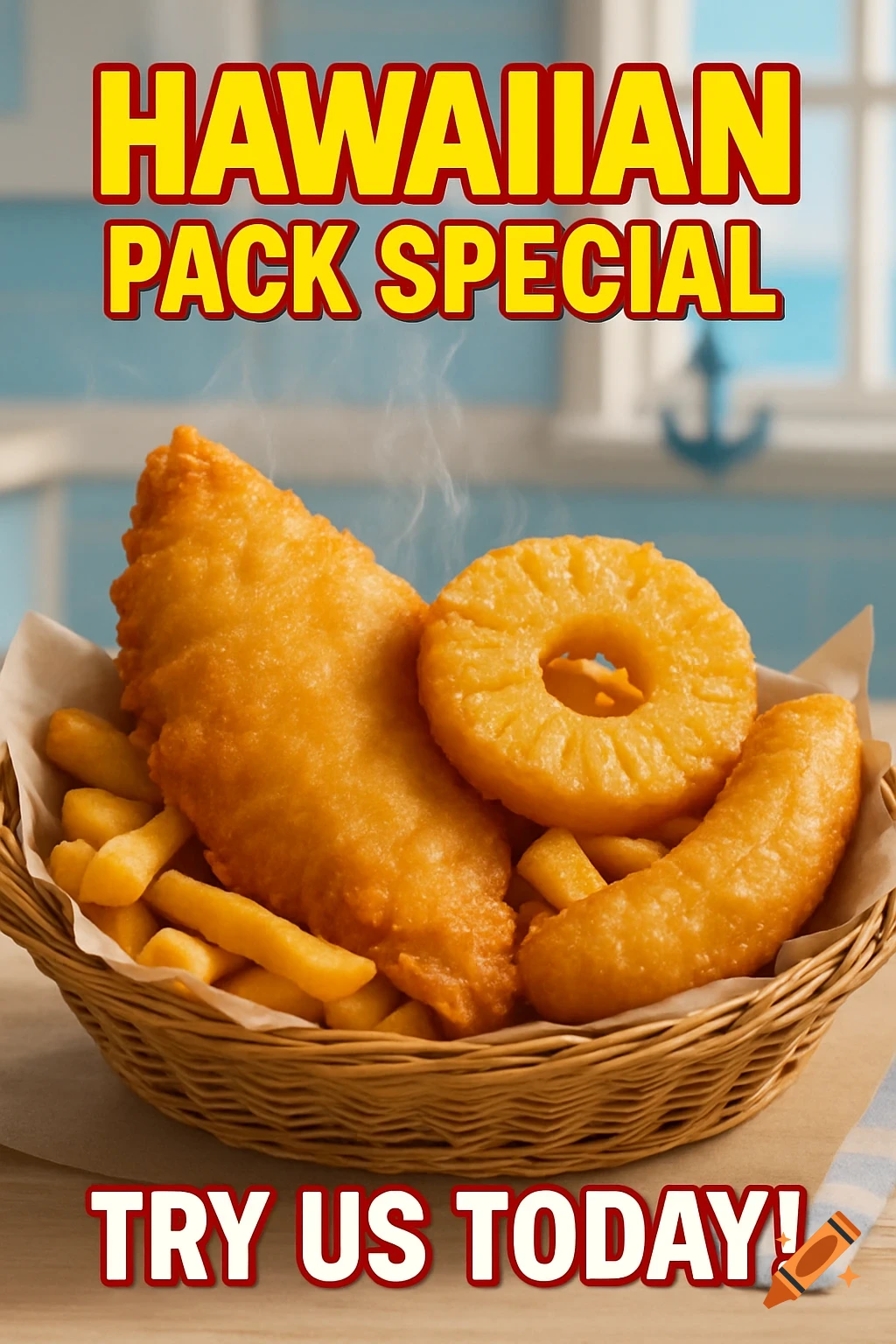 A basket of golden fried fish and chips with a pineapple ring and banana, promoting a 'Hawaiian Pack Special'.