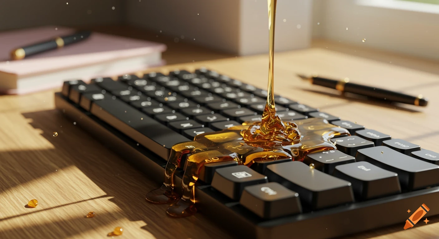 Honey pouring onto a black computer keyboard on a wooden desk, with pens and a notebook in the background.