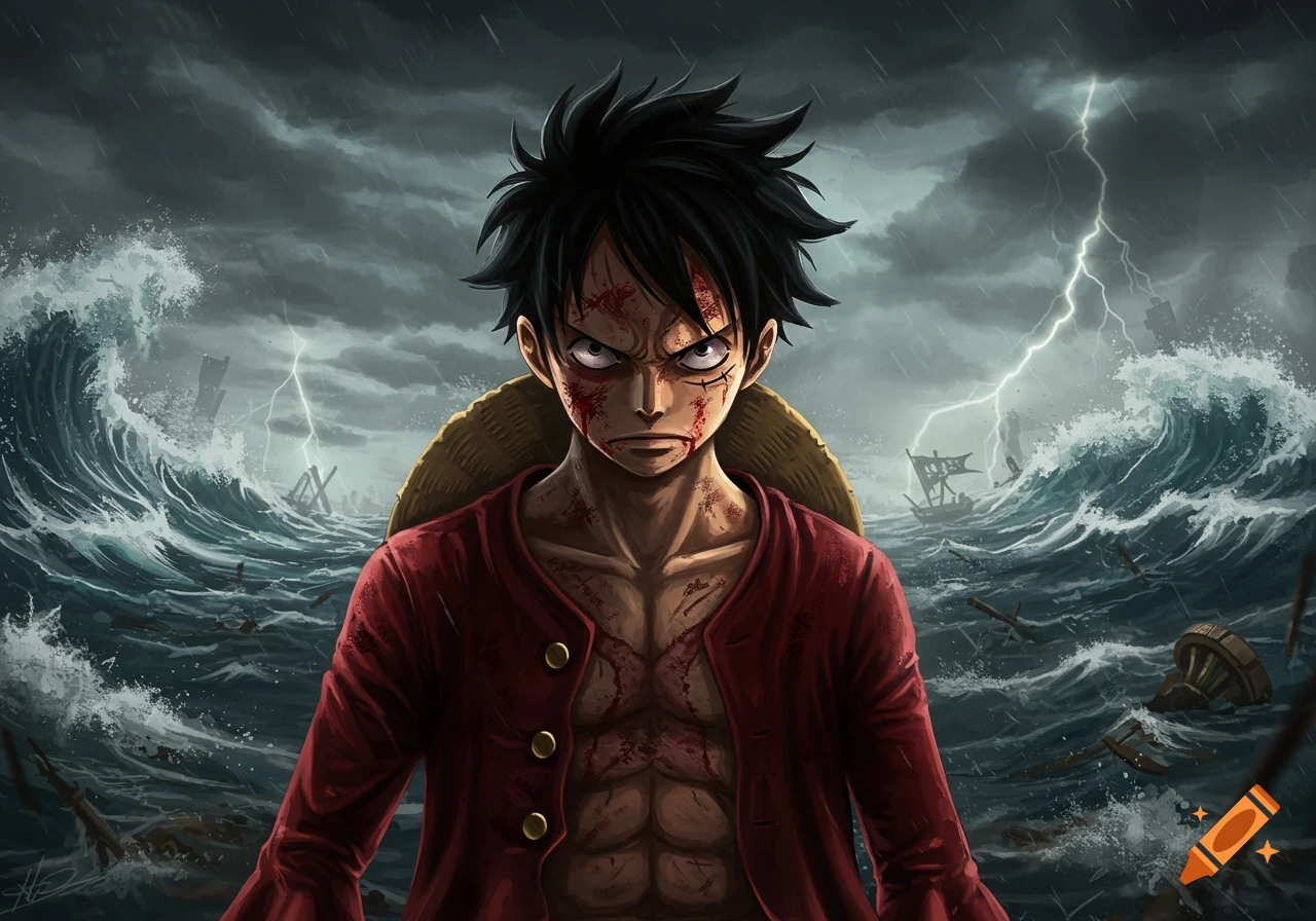 Angry Luffy from One Piece with blood on his face and chest, standing in a stormy sea with lightning.