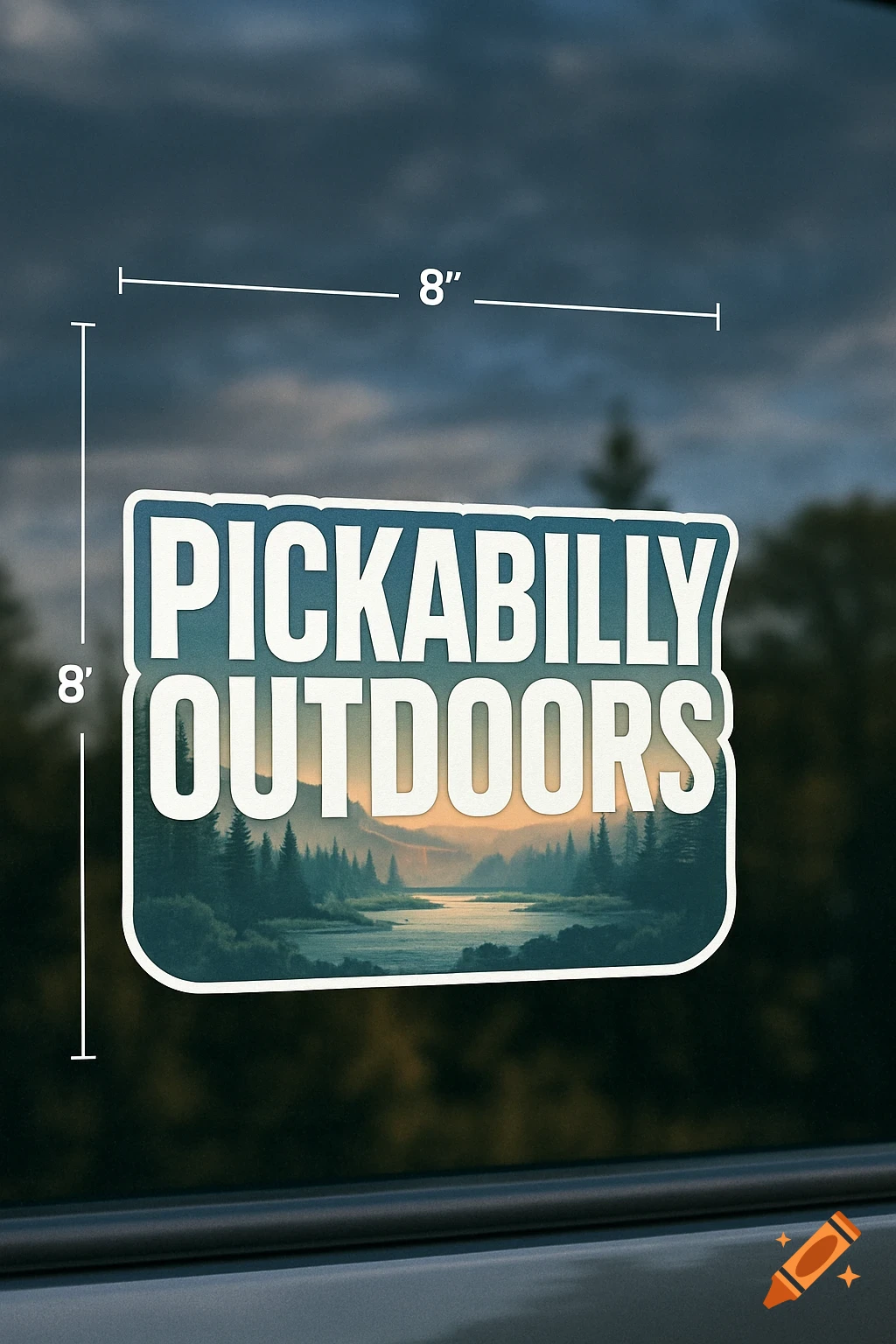 A white 'Pickabilly Outdoors' window decal with a forest and river landscape, shown with 8-inch measurements on a car window.