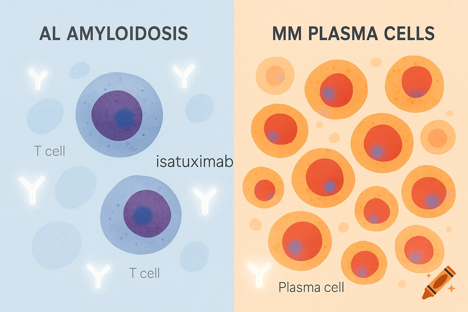 A two-panel scientific illustration comparing AL amyloidosis with T cells and isatuximab, and MM plasma cells.