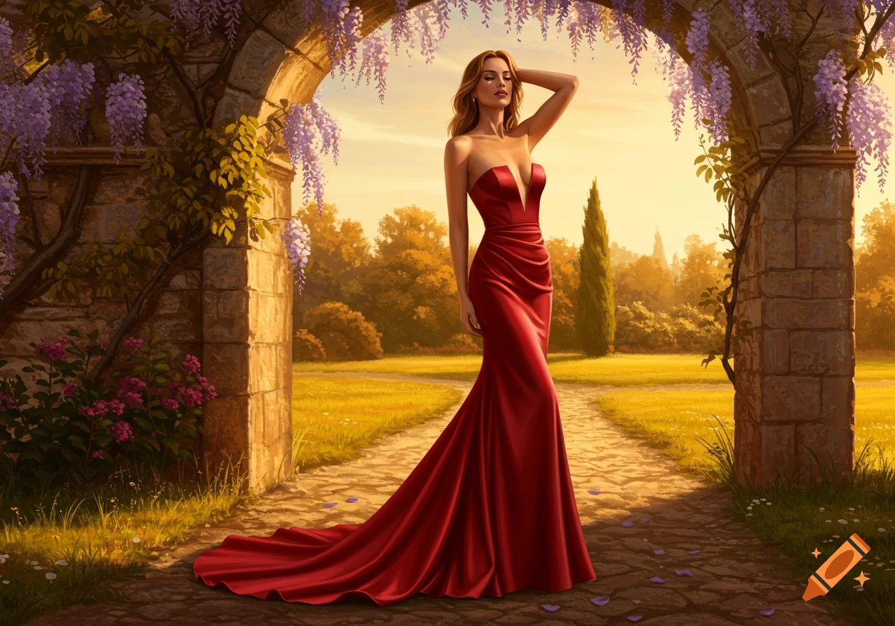 An elegant woman in a red strapless gown stands under a wisteria-covered stone archway in a sunny garden.