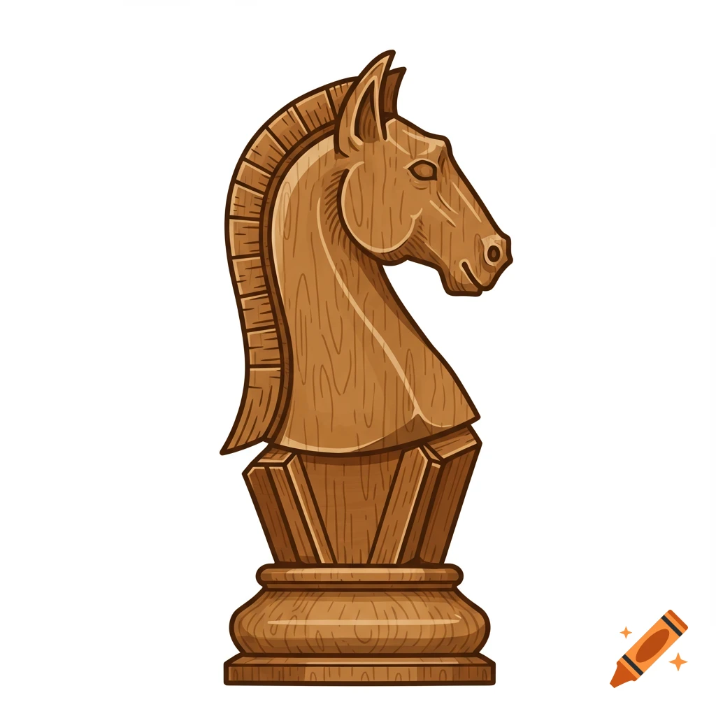 2D sprite of a wooden chess knight piece, brown, on a white background, facing sideways.