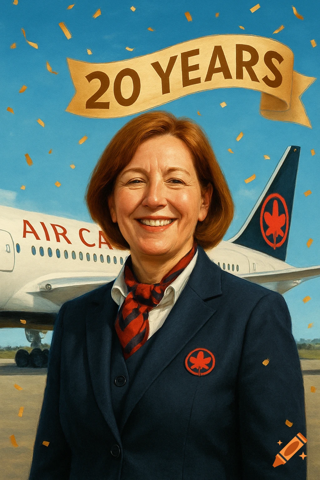 A smiling woman in an airline uniform stands in front of an Air Canada plane with a '20 Years' banner and confetti, in a realistic, vibrant style.