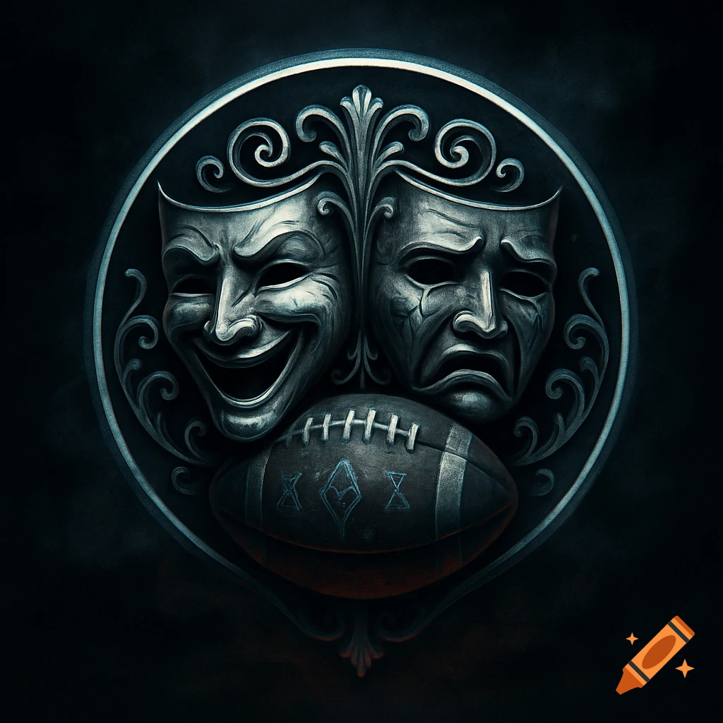 A dark, metallic-looking logo features comedy and tragedy masks above a football with eerie symbols, set within an ornate circular frame.