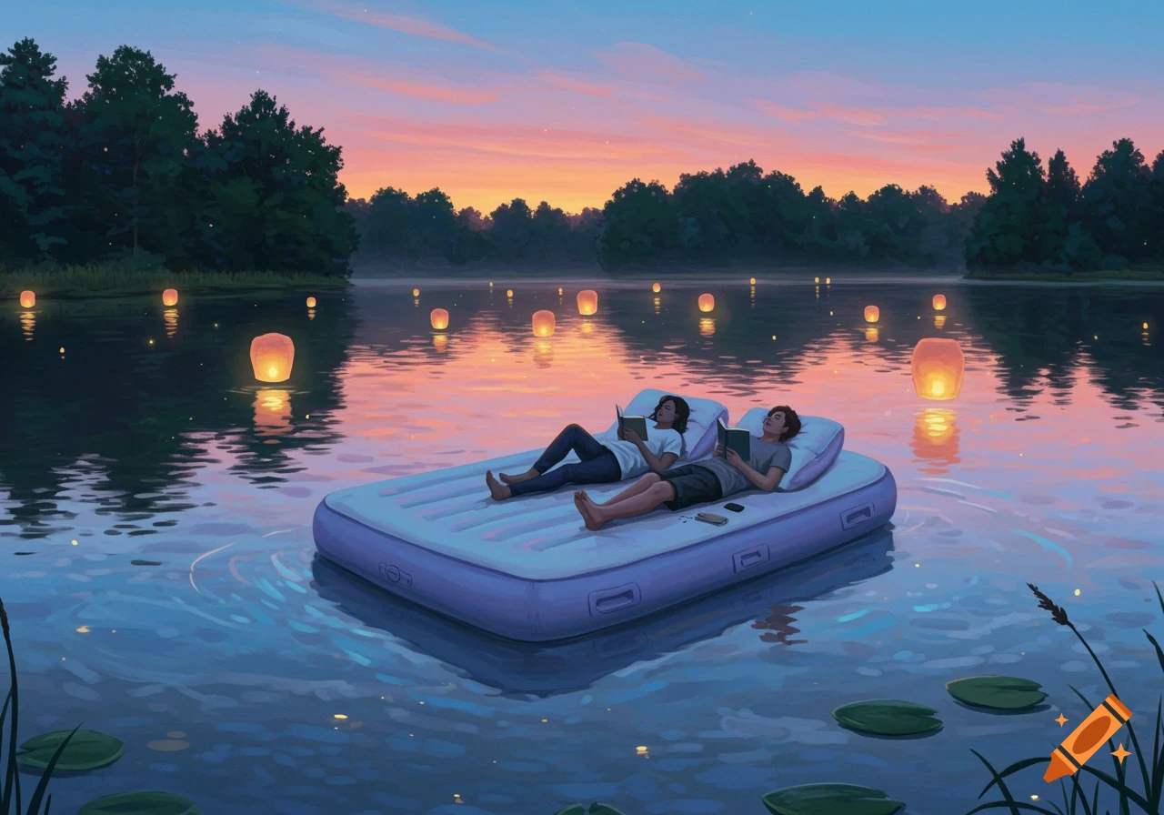 Two people reading on an inflatable bed on a lake at sunset, surrounded by floating lanterns.