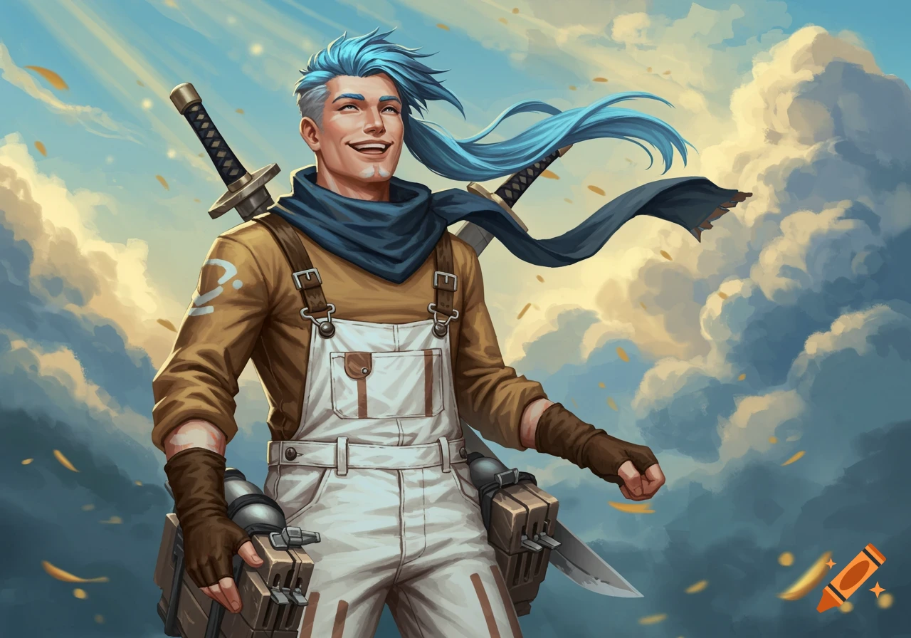 A smiling man with blue hair and white overalls stands against a cloudy sky, with two swords on his back and equipment on his legs. Digital art style.