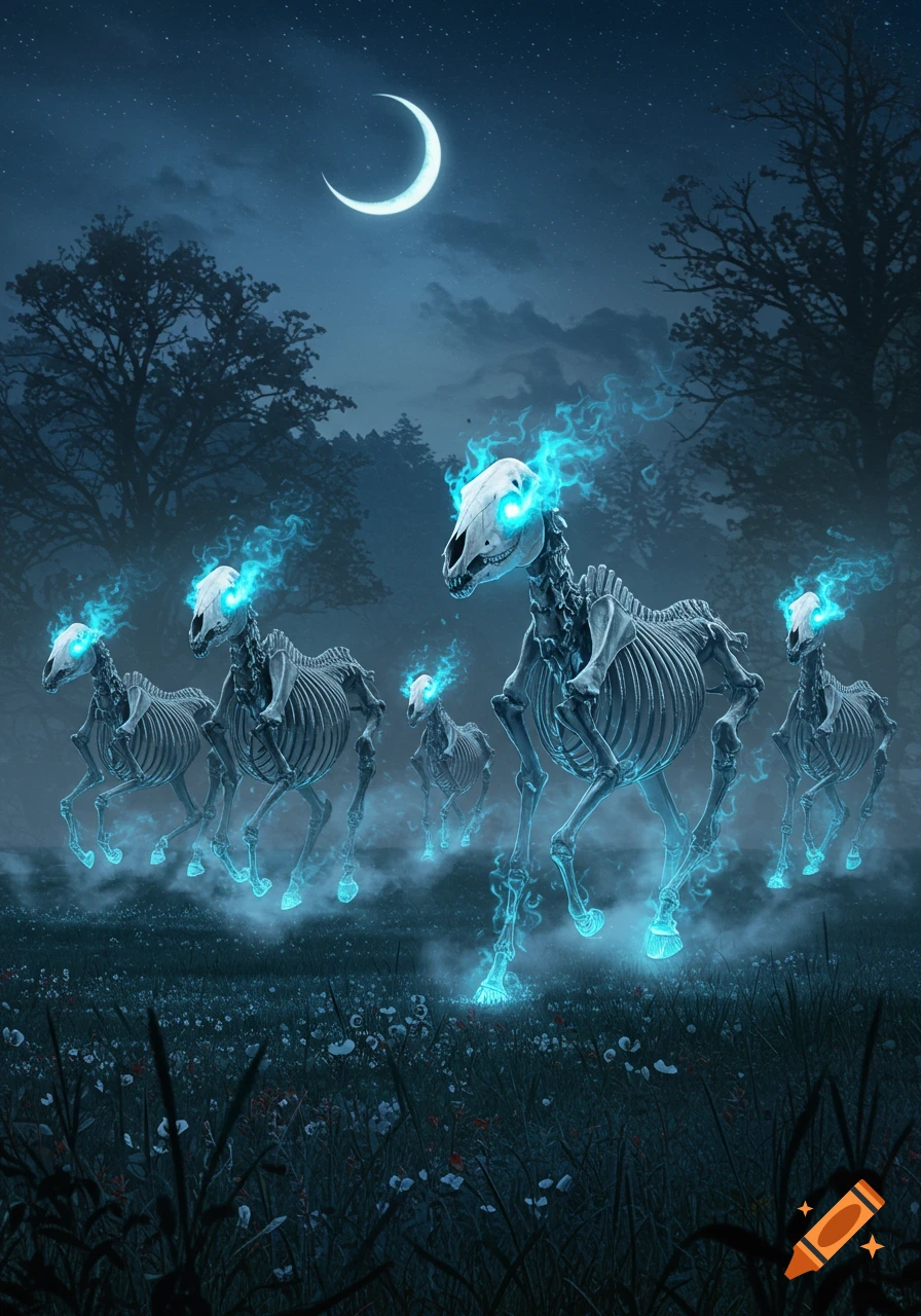 A herd of glowing blue skeleton horses with bright eyes gallops through a dark forest at night under a crescent moon.
