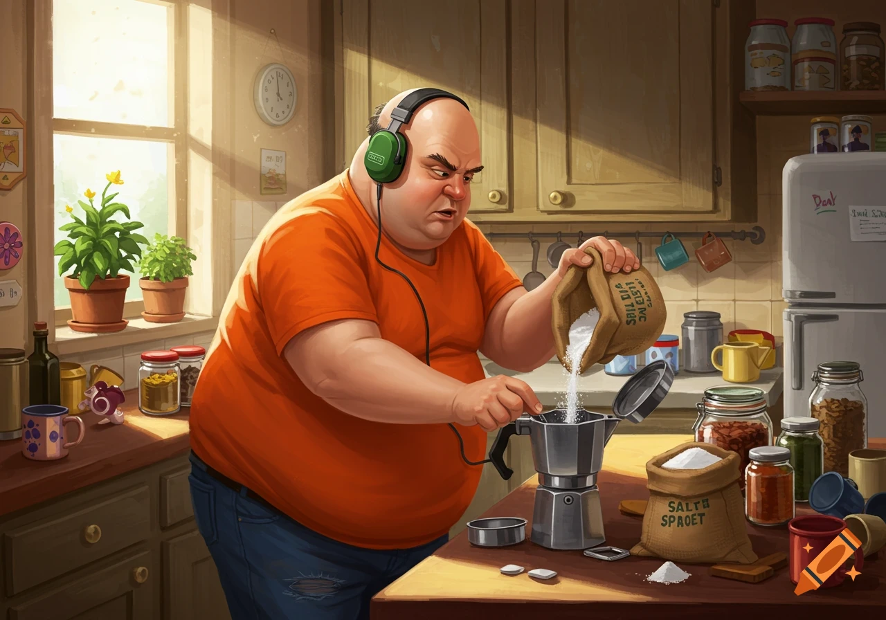 A cartoonish, overweight bald man with headphones in a kitchen pours salt from a bag into a coffee maker.