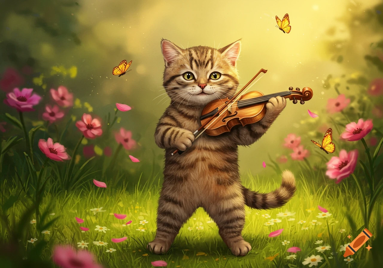 A cute tabby cat plays a violin in a grassy field filled with pink flowers and flying butterflies.