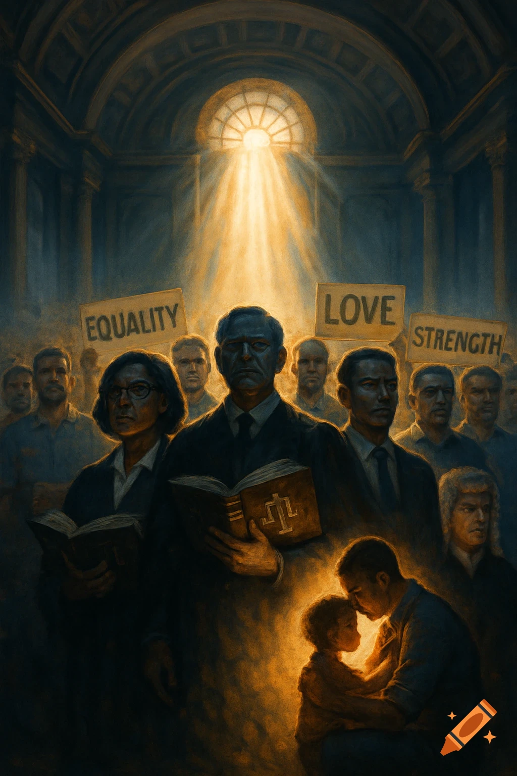 Painting of people in a court-like setting with signs saying 'EQUALITY', 'LOVE', 'STRENGTH', and a man embracing a child in a golden light.