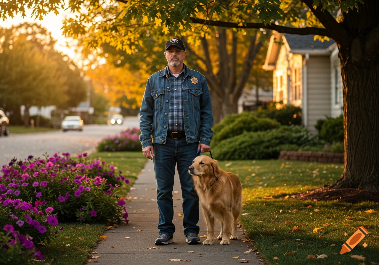 A man in a denim jacket and cap walks a golden retriever on a sidewalk in a sunlit, tree-lined suburban neighborhood.