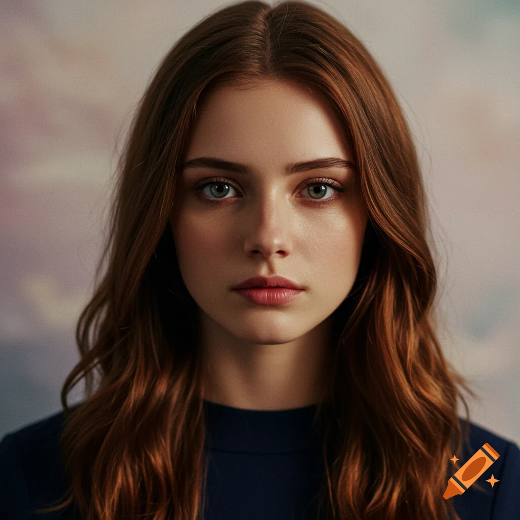 Photorealistic close-up portrait of a young woman with long reddish-brown hair and striking green eyes.
