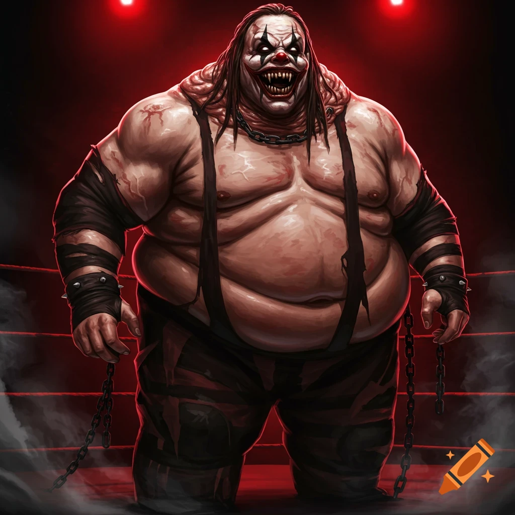 An obese, menacing horror clown with sharp teeth and long hair stands in a wrestling ring under red lights.