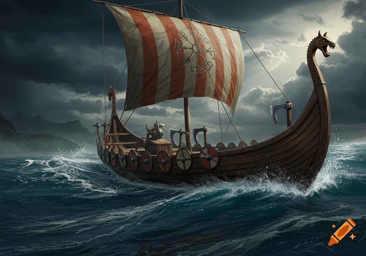 A large Viking longship with a striped sail featuring a symbol sails on a stormy, choppy sea under a dark, cloudy sky.