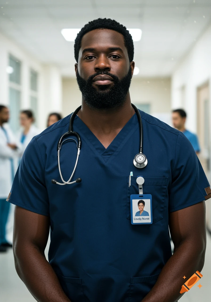 A serious African American man with a beard wearing blue scrubs and a stethoscope in a hospital hallway.