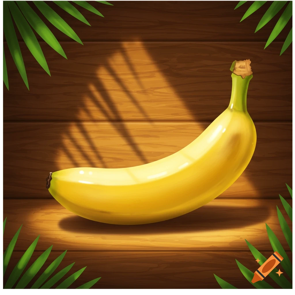 A vibrant yellow banana lies on a wooden surface, dappled with sunlight and framed by green palm leaves.