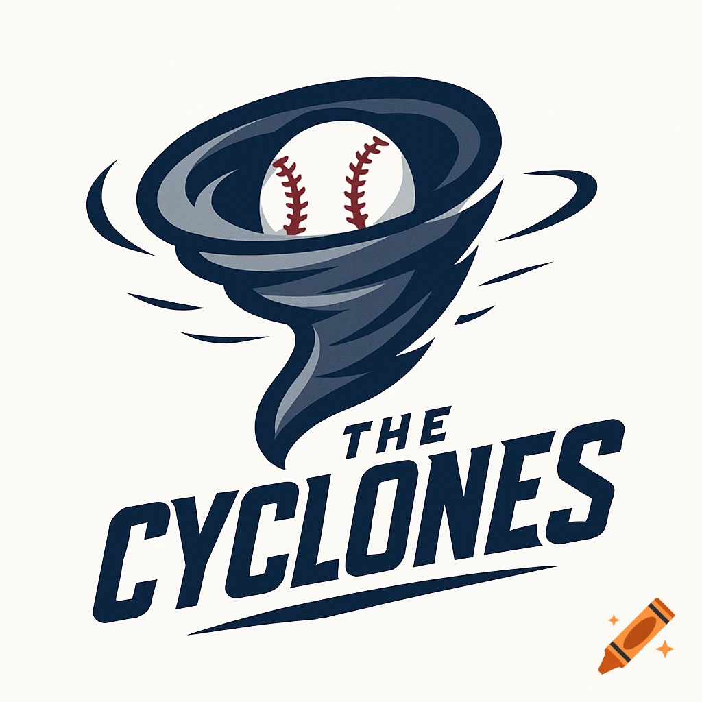 A stylized baseball team logo featuring a dark blue tornado swirling around a white baseball, with the words "THE CYCLONES" in bold, angled letters below.