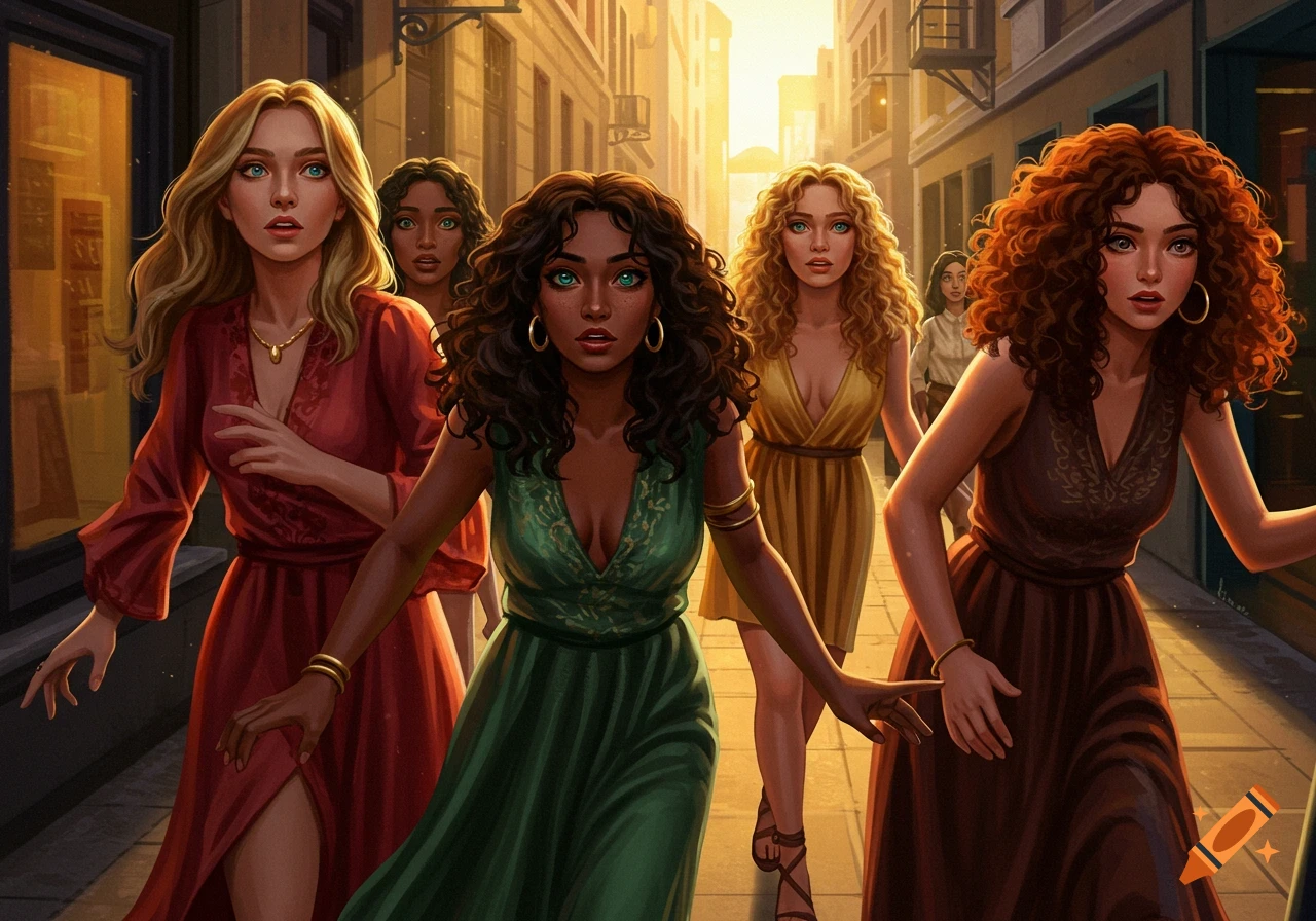 Multiple diverse women with varied hair colors and styles, dressed in colorful flowing dresses, walk down a sunlit street, looking forward with concerned expressions, in a digital painting style.