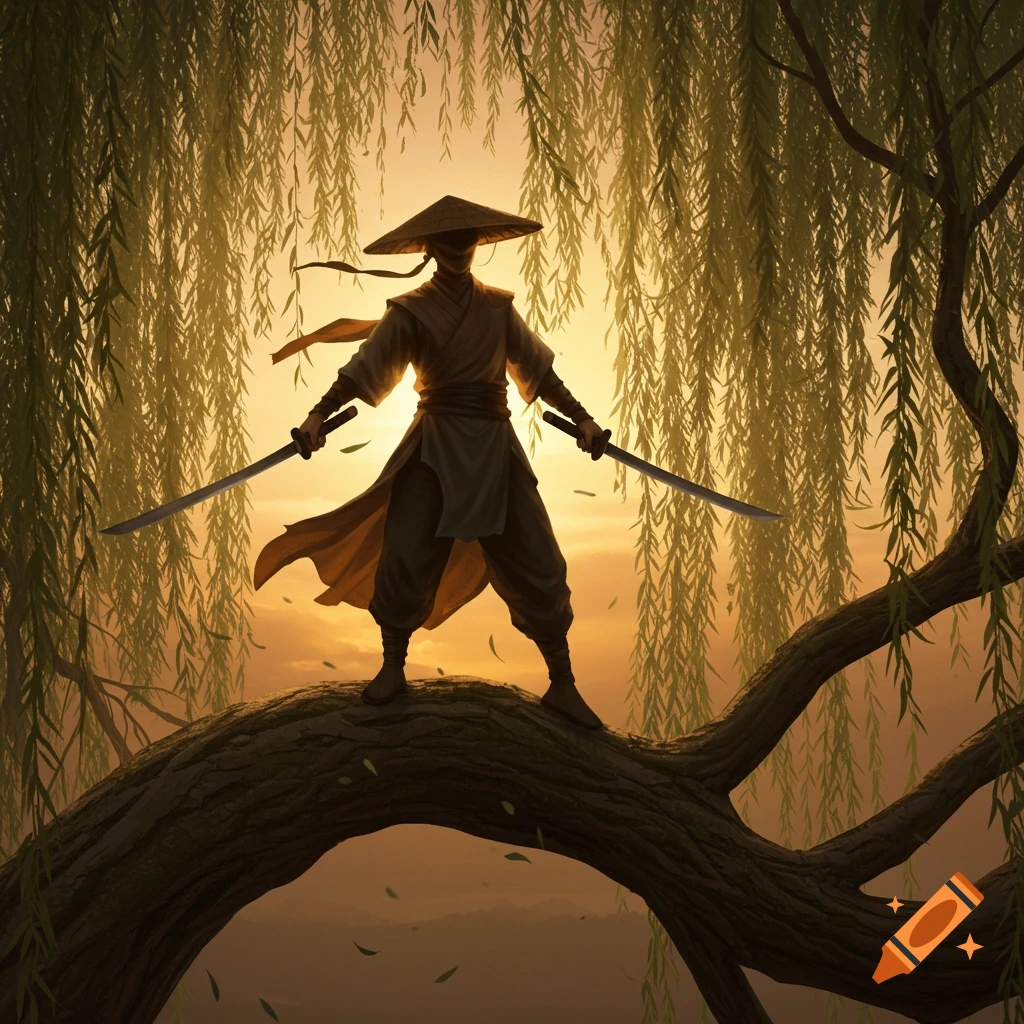 A stylized martial artist with a straw hat stands on a willow tree branch, holding two swords against a sunset sky.