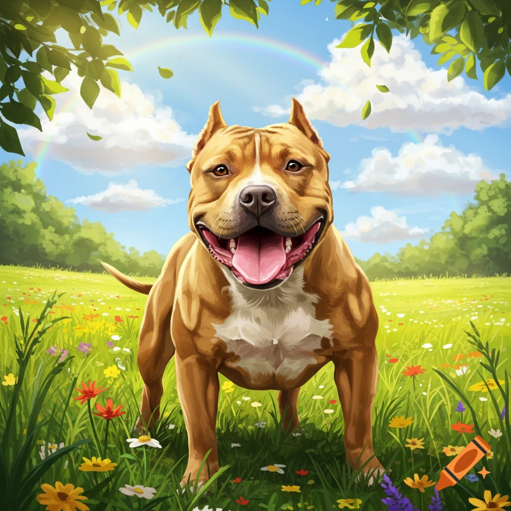 A happy, tan pitbull stands in a vibrant, flower-filled green field under a blue sky with a rainbow, in an illustrative style.