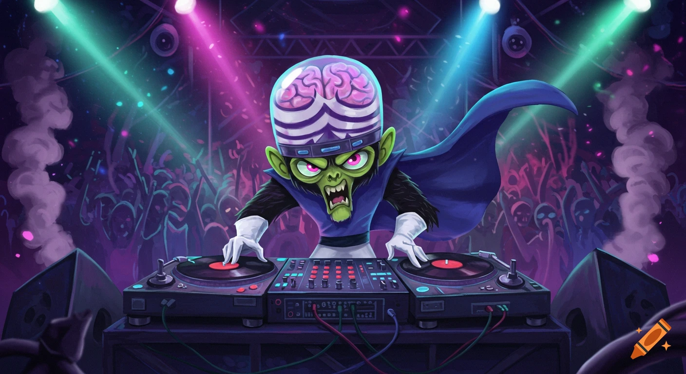 Mojo Jojo from Powerpuff Girls DJing at turntables in a vibrant, purple and blue lit nightclub with a silhouetted crowd.