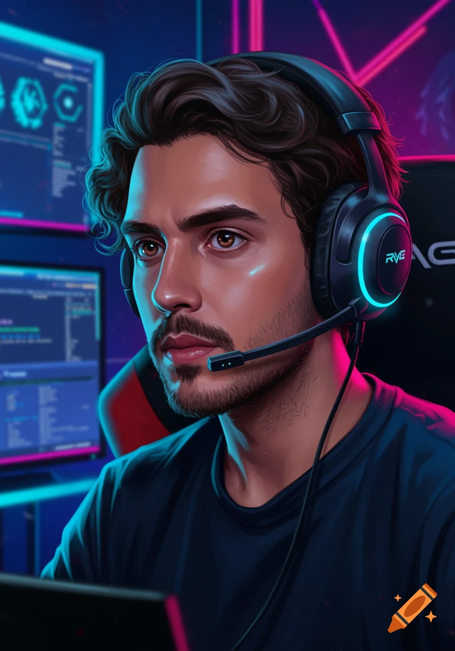 A close-up digital illustration of a man with brown eyes and wavy hair wearing a gaming headset, looking intently at screens.