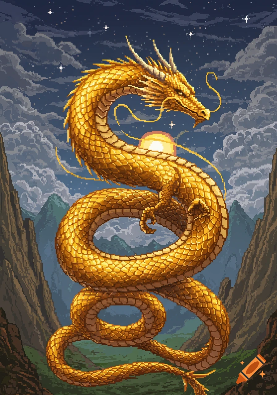 A golden dragon curled amidst mountains under a starry night sky, rendered in pixel art style.