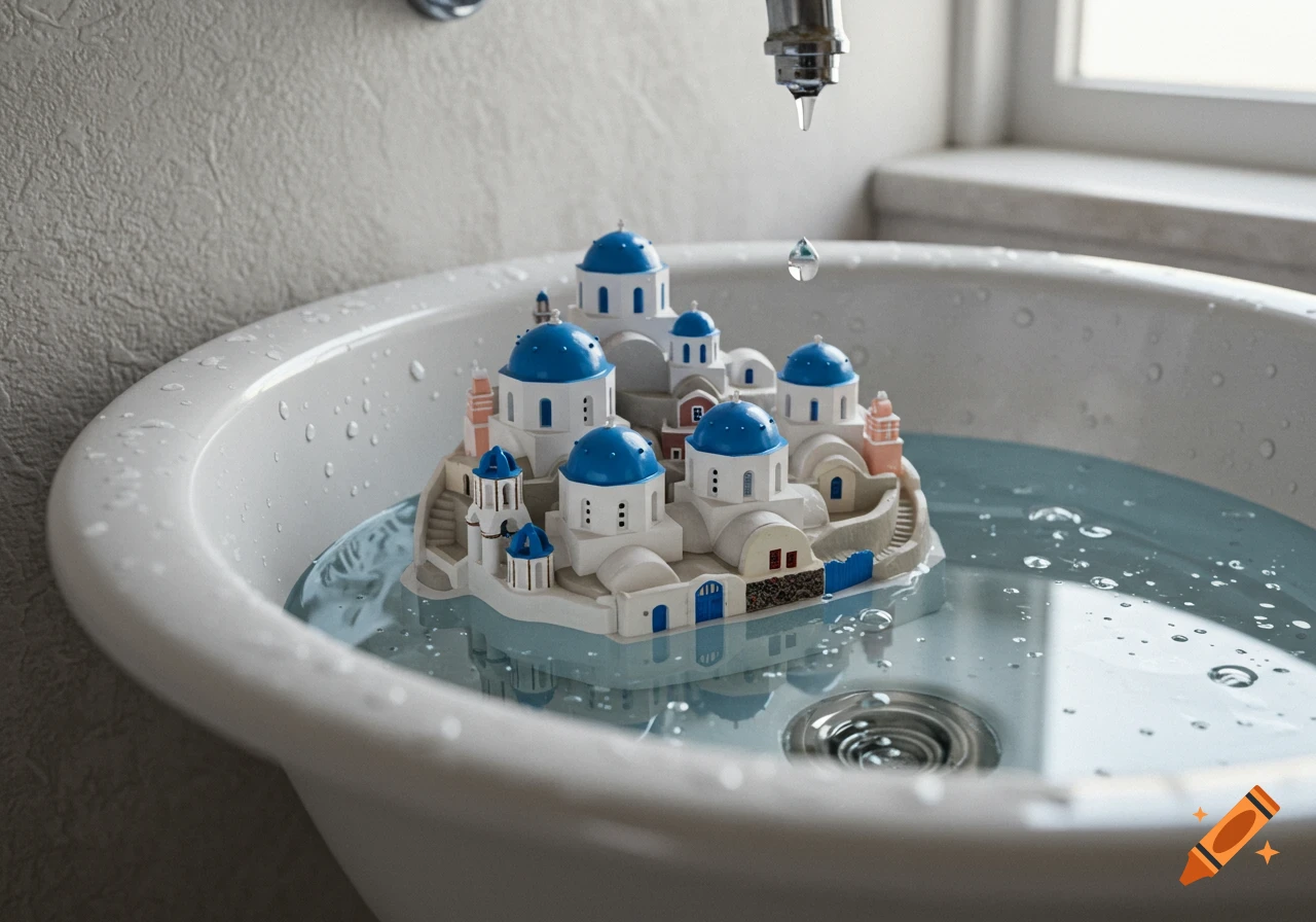 A photorealistic miniature Greek village with blue domes floats in a white ceramic sink filled with water, with dripping faucet and droplets.