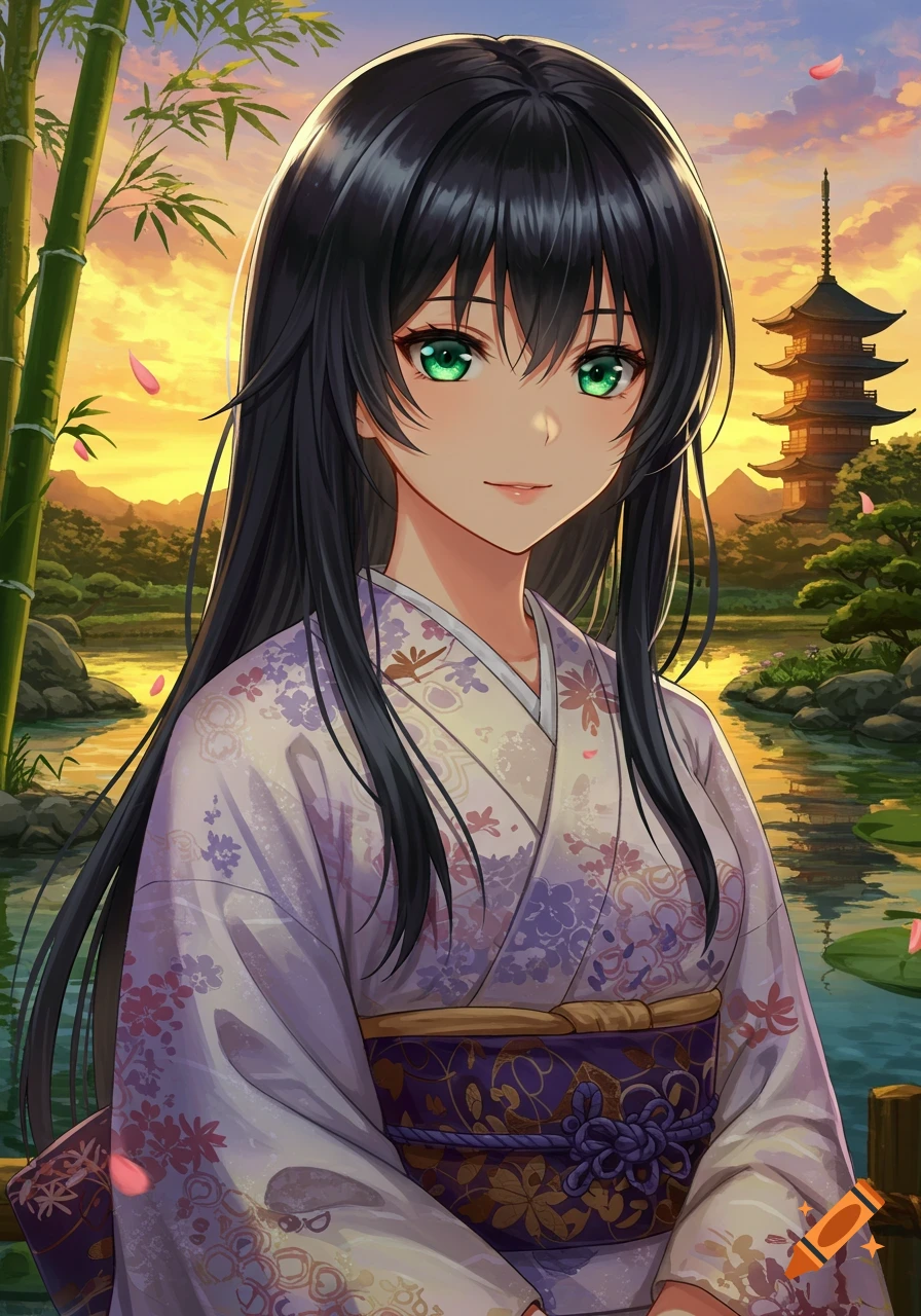An anime girl with black hair and green eyes wearing a light purple kimono stands by a lake with a pagoda and bamboo at sunset.