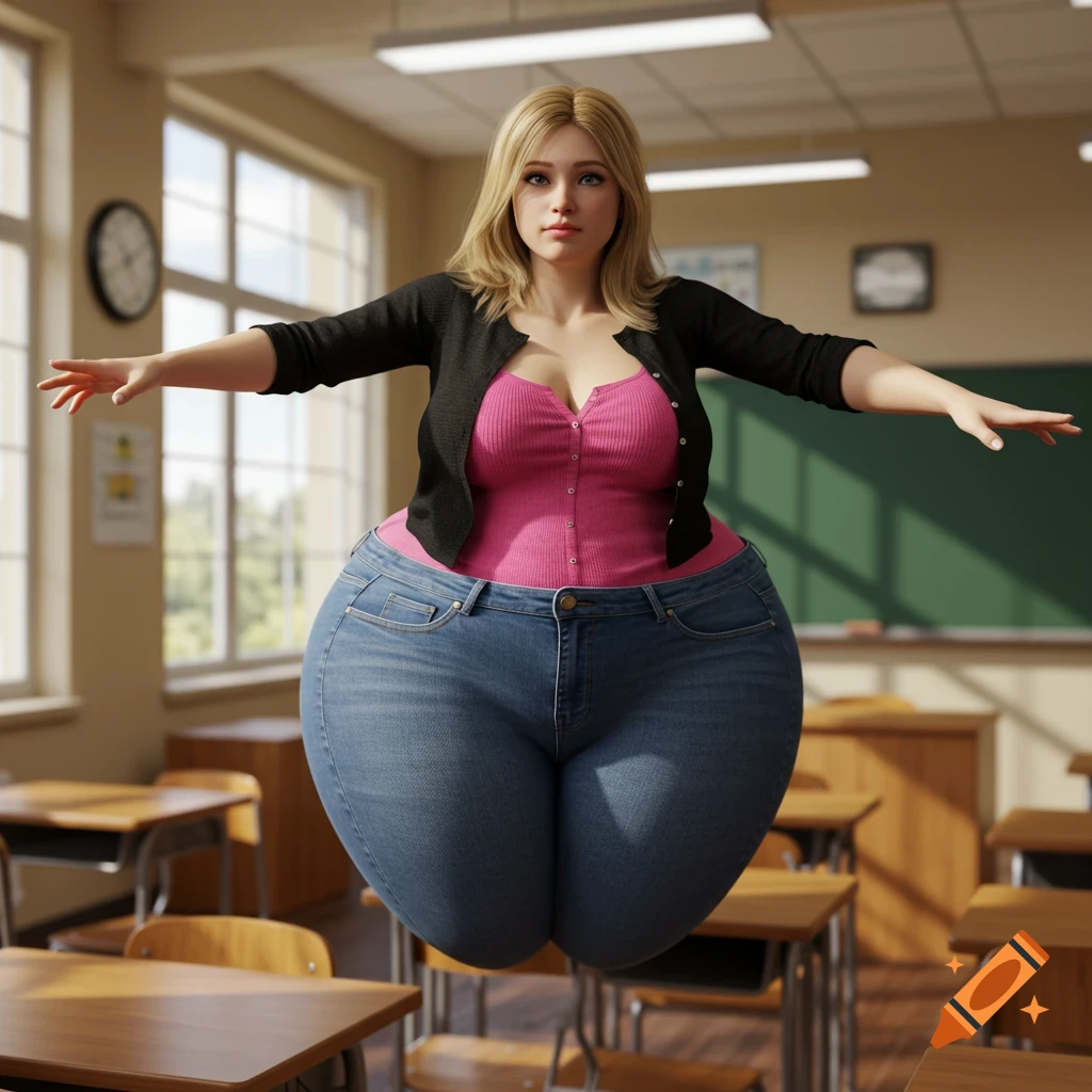 A photorealistic image of a blonde white woman teacher with an inflated body, wearing a pink blouse, black cardigan, and jeans, floating in a classroom.