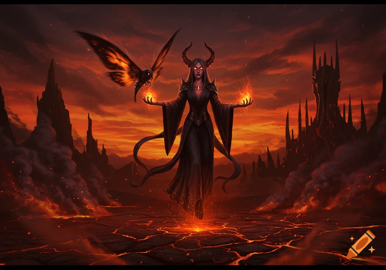 A powerful dark sorceress with horns levitates, conjuring fire, beside a giant fiery moth in a hellish landscape.