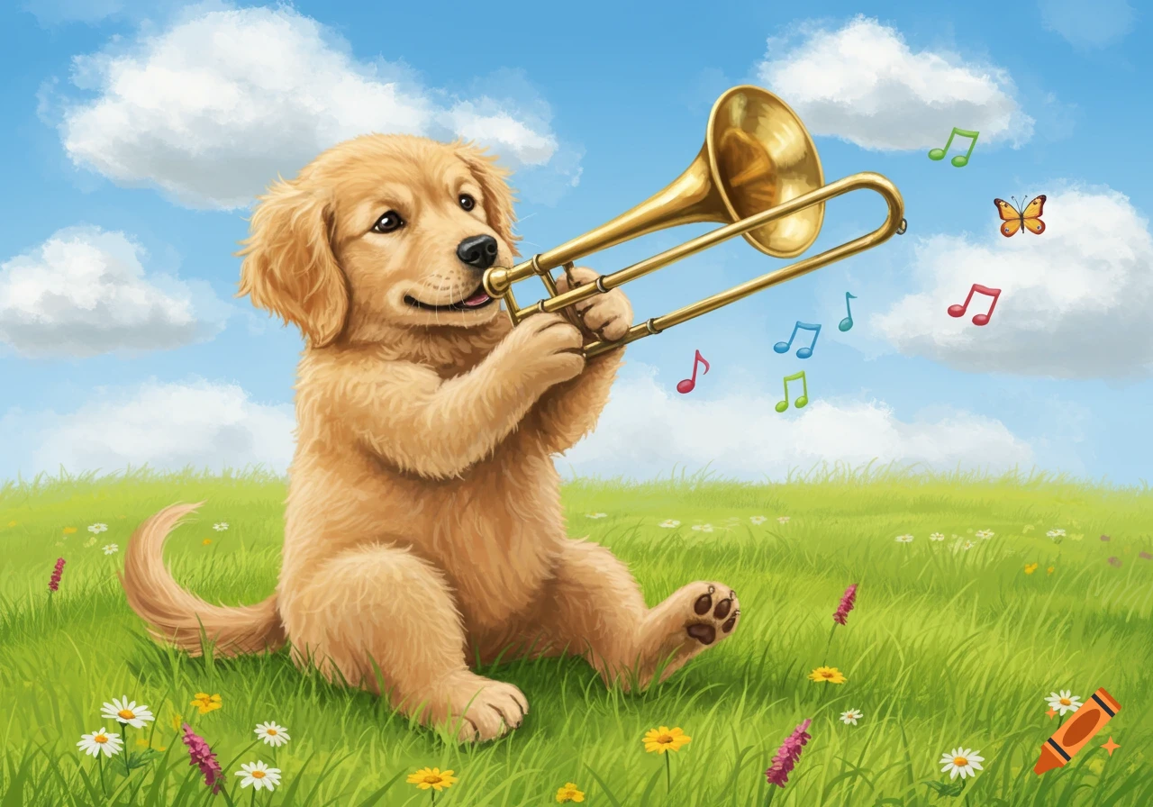 An illustrated golden retriever puppy sits in a green field, playing a golden trombone with musical notes floating around it under a blue sky.