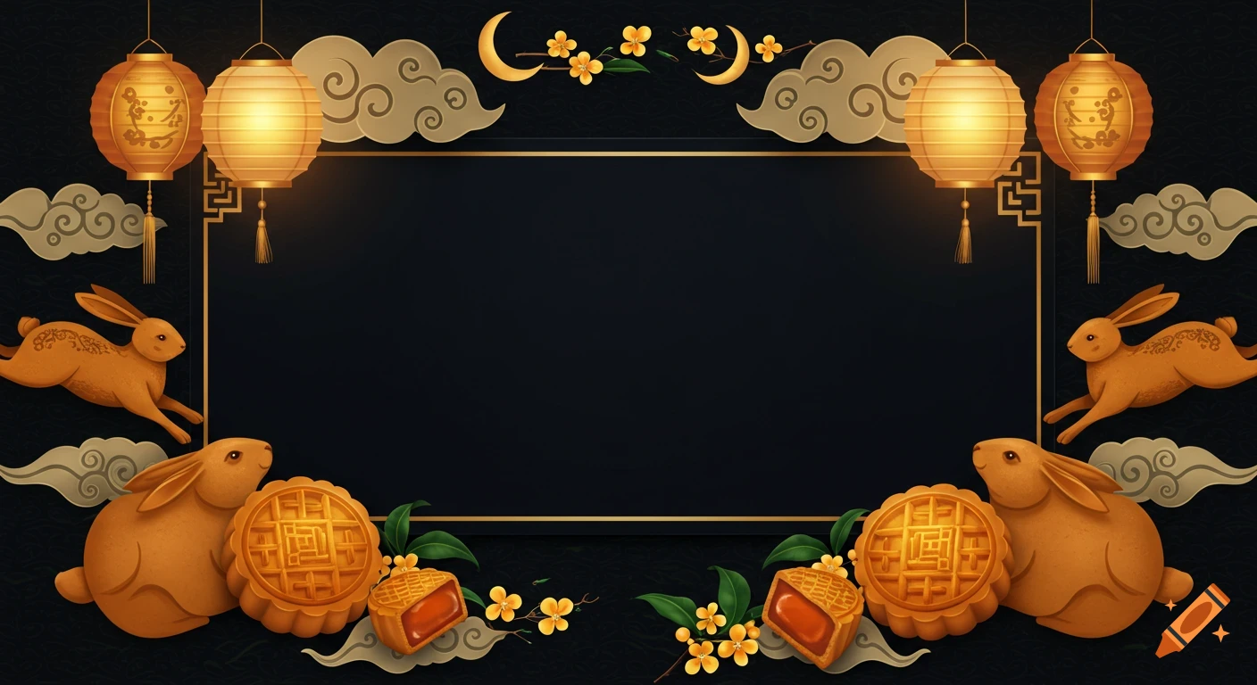Mid-Autumn Festival frame with lanterns, rabbits, mooncakes, and clouds surrounding a black rectangular space.