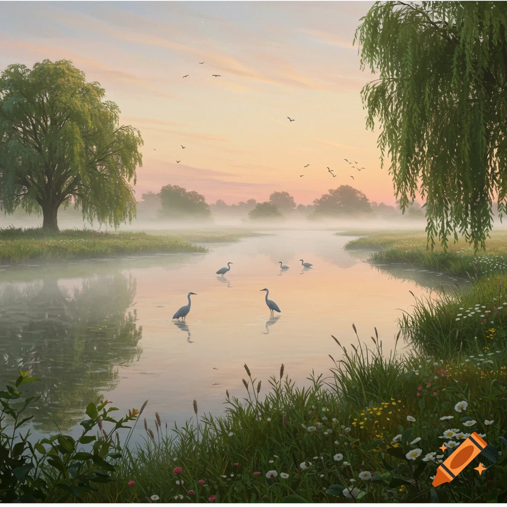 A serene landscape painting of a misty river with wading birds and lush trees at sunrise or sunset.