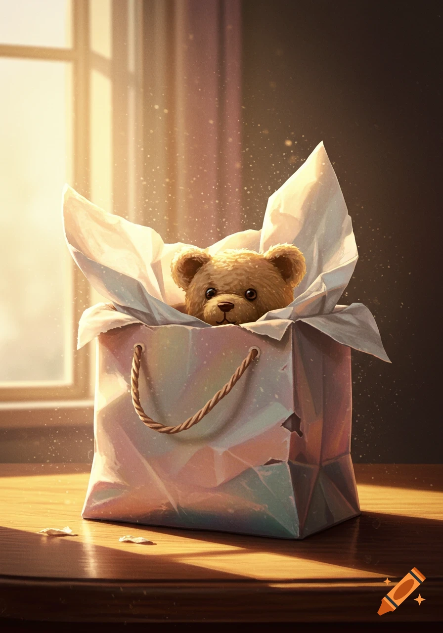 A cute brown teddy bear peeks out of a crumpled gift bag on a wooden table, illuminated by warm sunlight from a window.