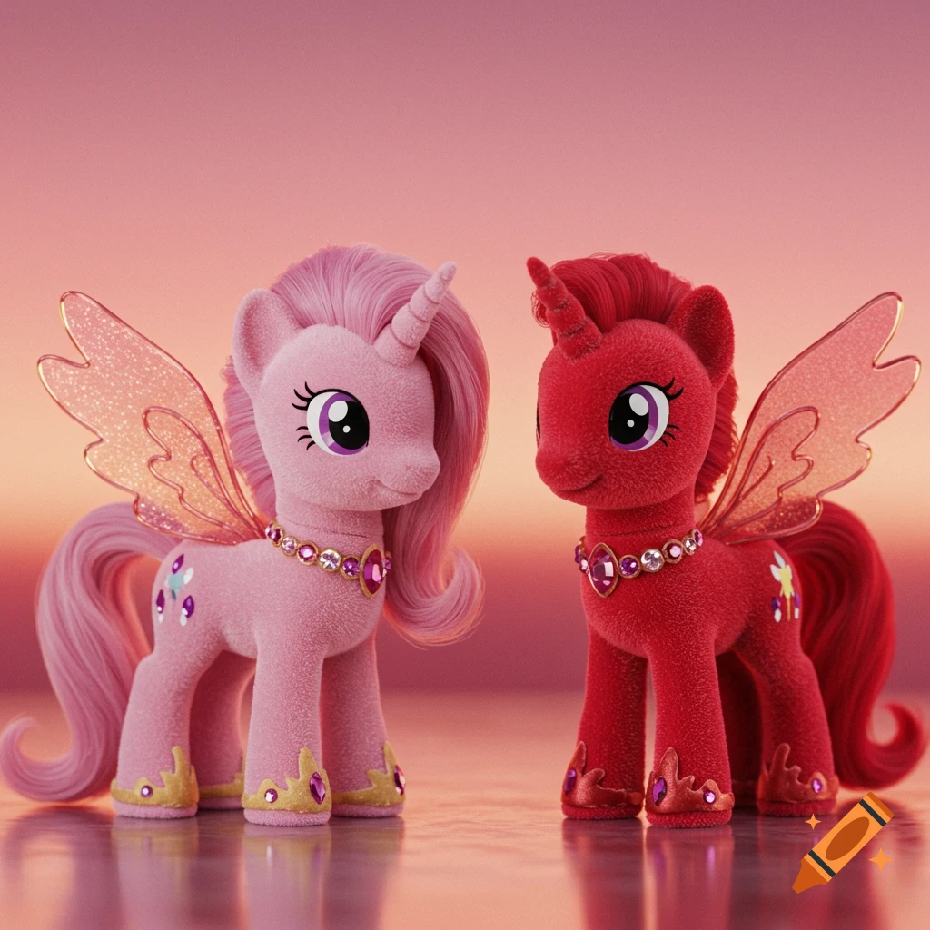 Two pink and red velvet My Little Pony-style winged unicorn toys with sparkly wings and jewel necklaces stand against a pink and orange sunset background.