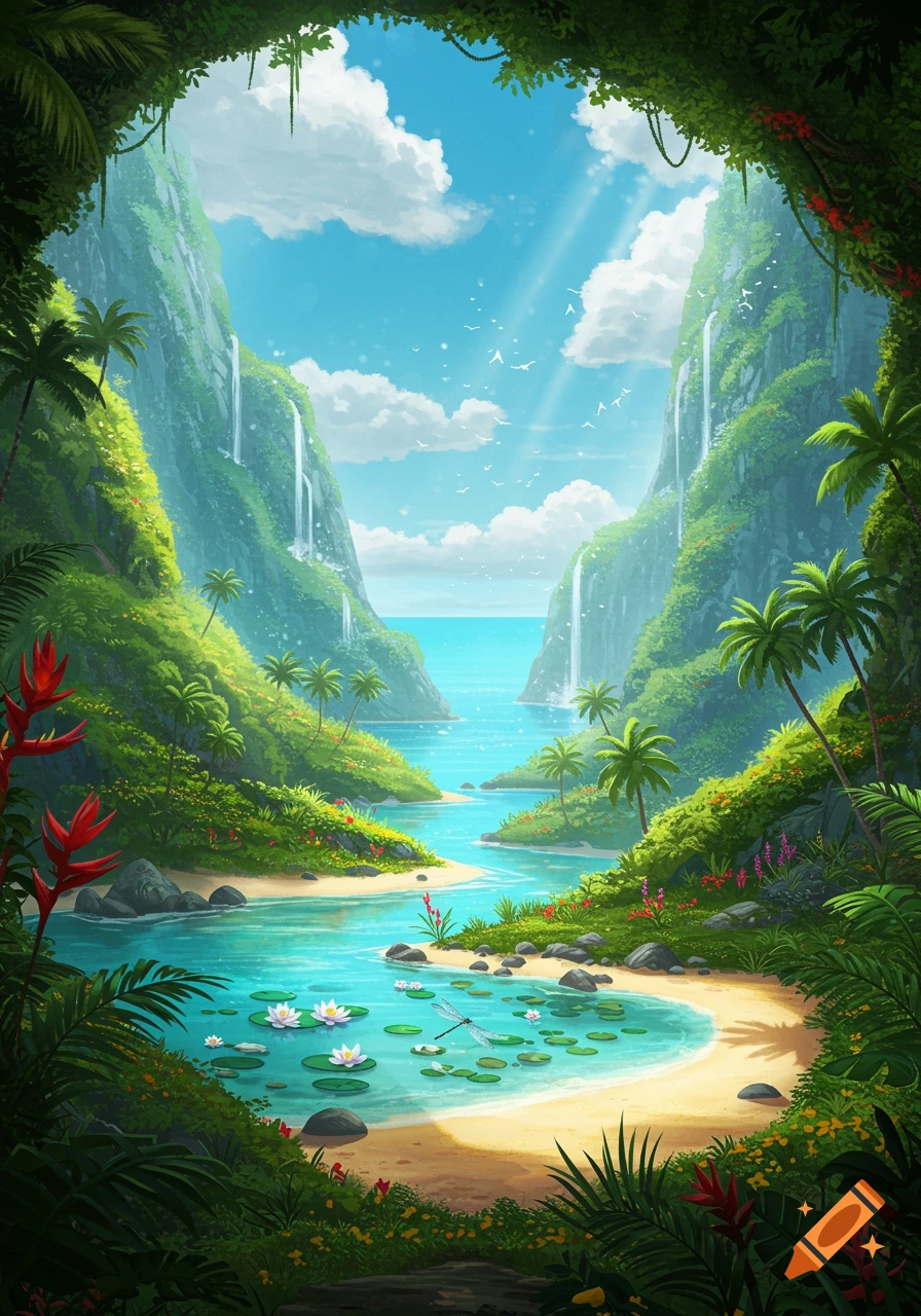 A vibrant, lush tropical landscape with a river flowing into a blue ocean, flanked by steep, green cliffs and multiple waterfalls. Palm trees, a sandy beach, and lily pads with a dragonfly complete the scene.