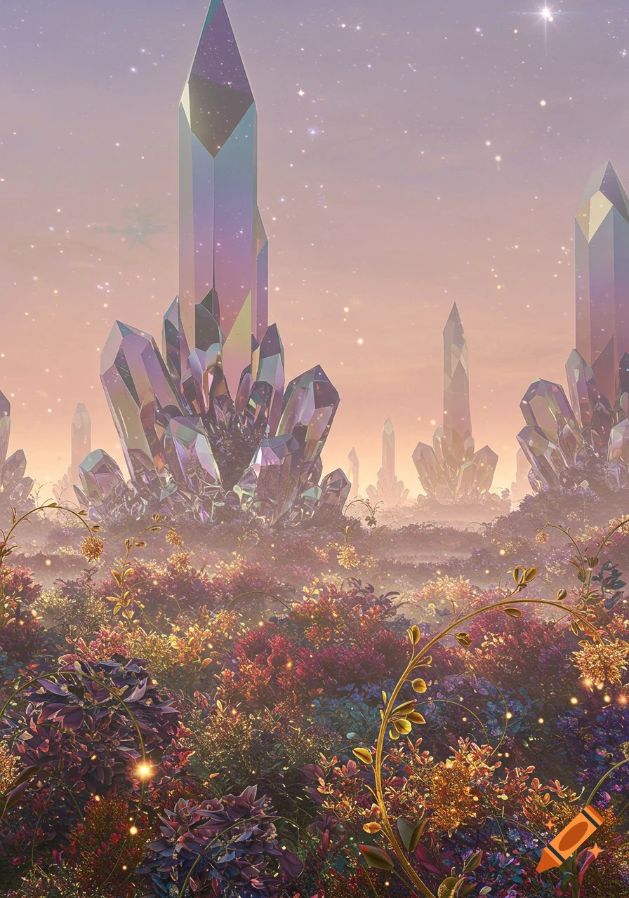 A vibrant, dreamlike landscape featuring large, iridescent crystal formations rising above a field of colorful, glowing plants under a starry sky.