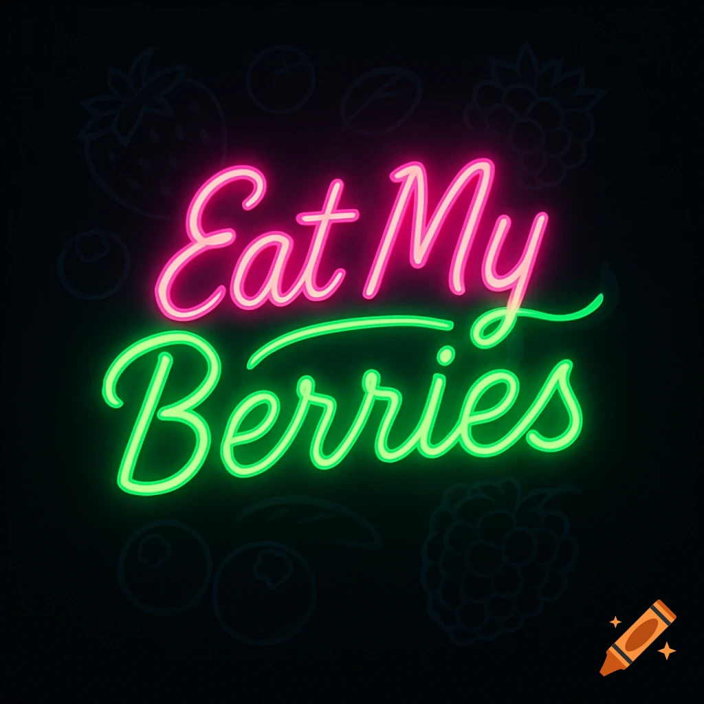 A neon sign in pink and green script spells out 'Eat My Berries' against a dark background, with faint outlines of berries.