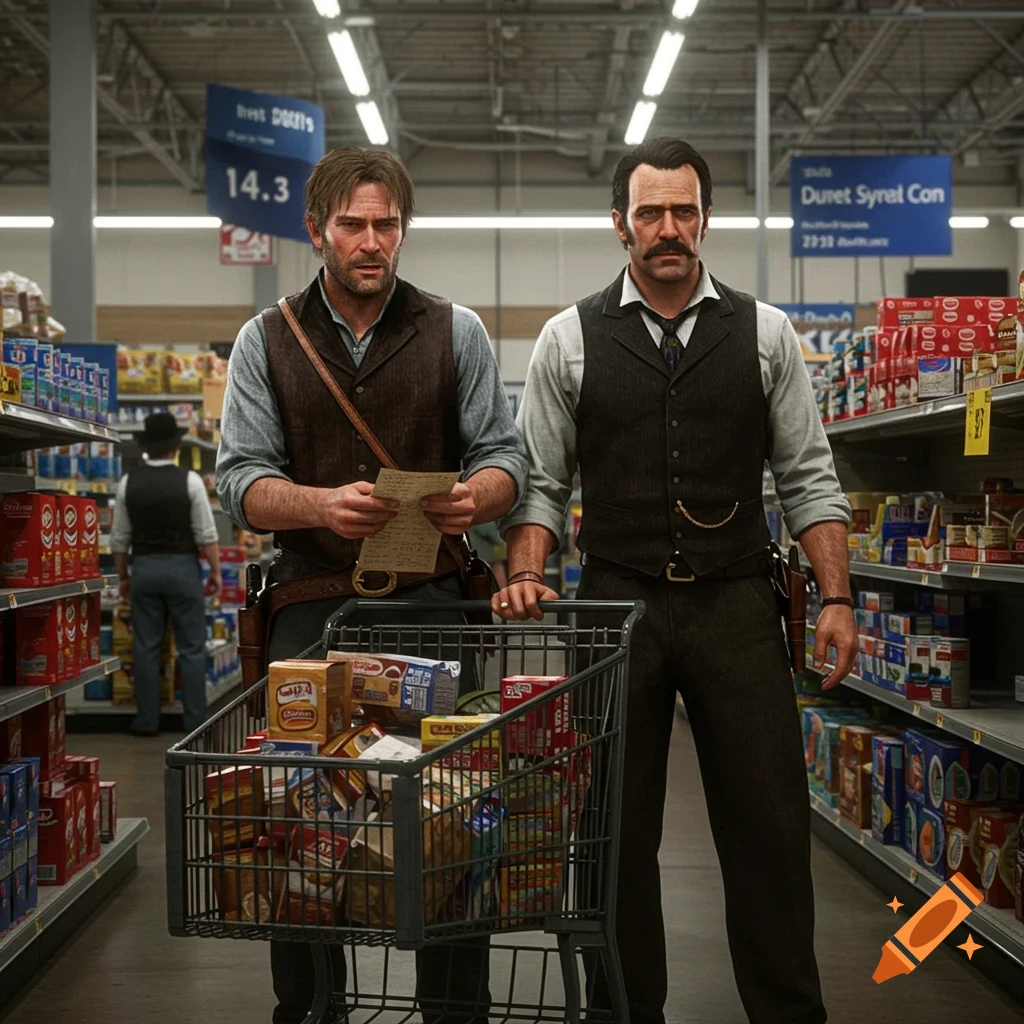 Arthur Morgan and Dutch van der Linde from Red Dead Redemption 2 pushing a shopping cart full of groceries down an aisle in a Walmart store.