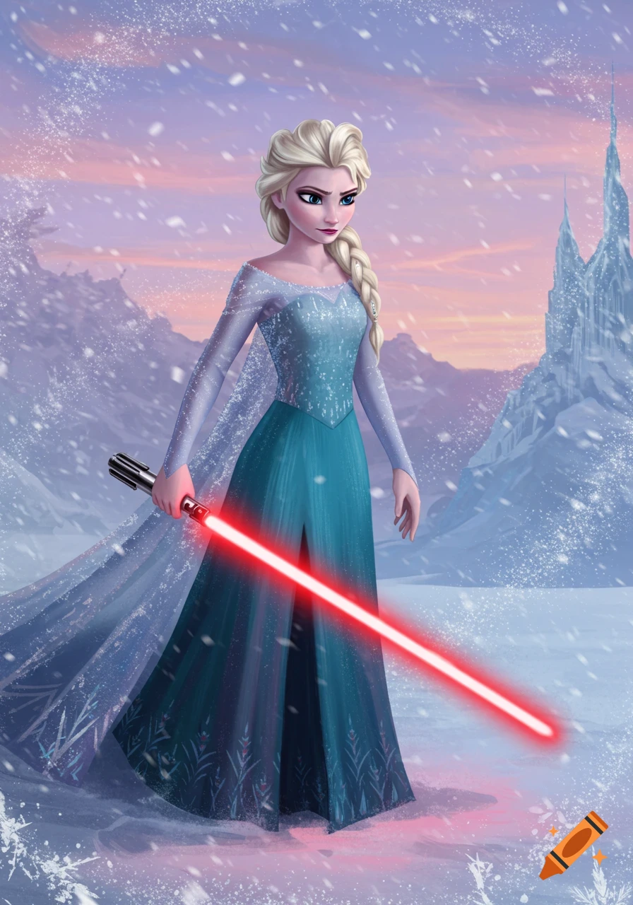 Elsa from Frozen, with blonde braided hair, holding a glowing red lightsaber in a snowy landscape with a castle at dusk, in an animated style.