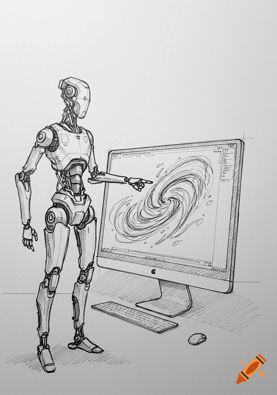 A robot in a sketchbook style drawing points at a computer monitor displaying a swirling abstract design.