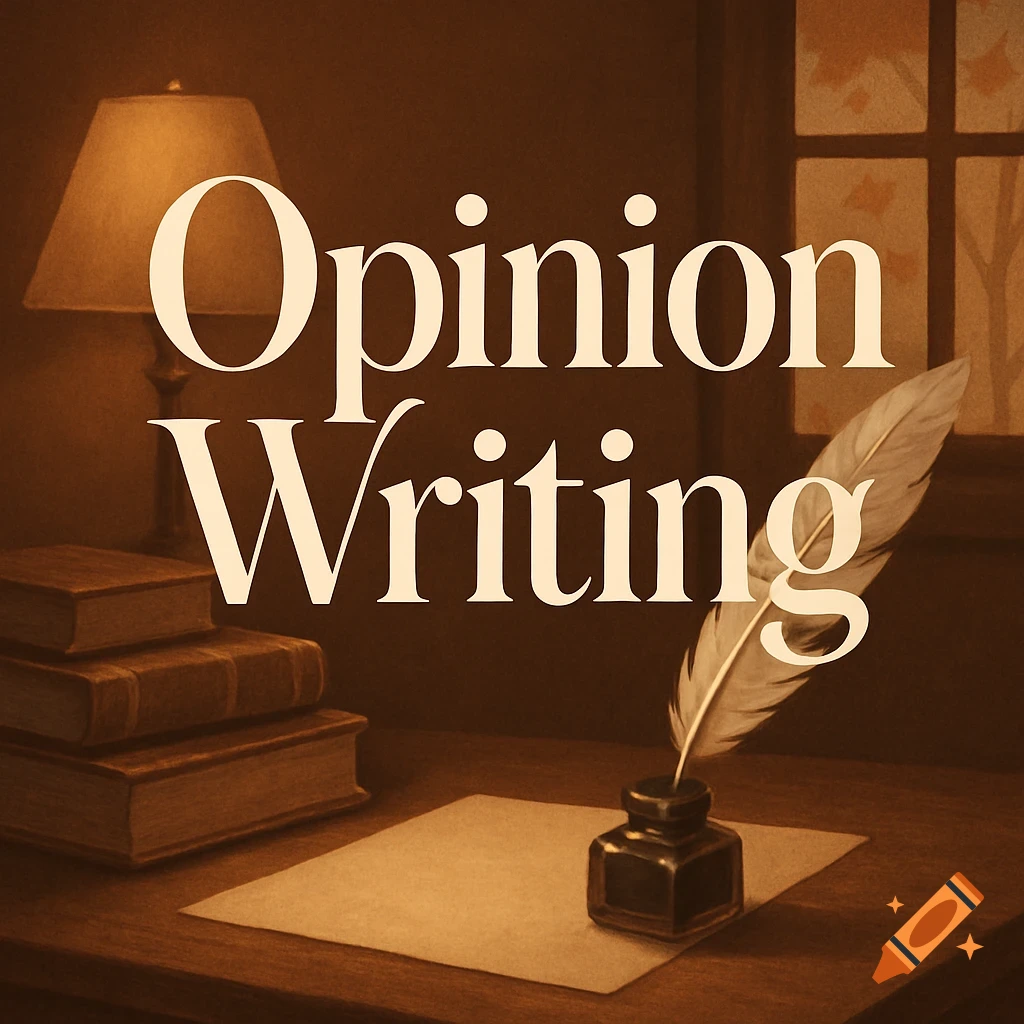 Sepia-toned illustration of a vintage desk setup with books, a lamp, an inkwell, a quill, and the words 'Opinion Writing'.