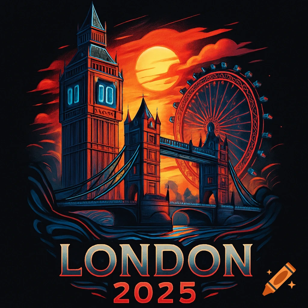 Stylized illustration of London landmarks including Big Ben, Tower Bridge, and the London Eye, under an orange sky with text 'LONDON 2025'.