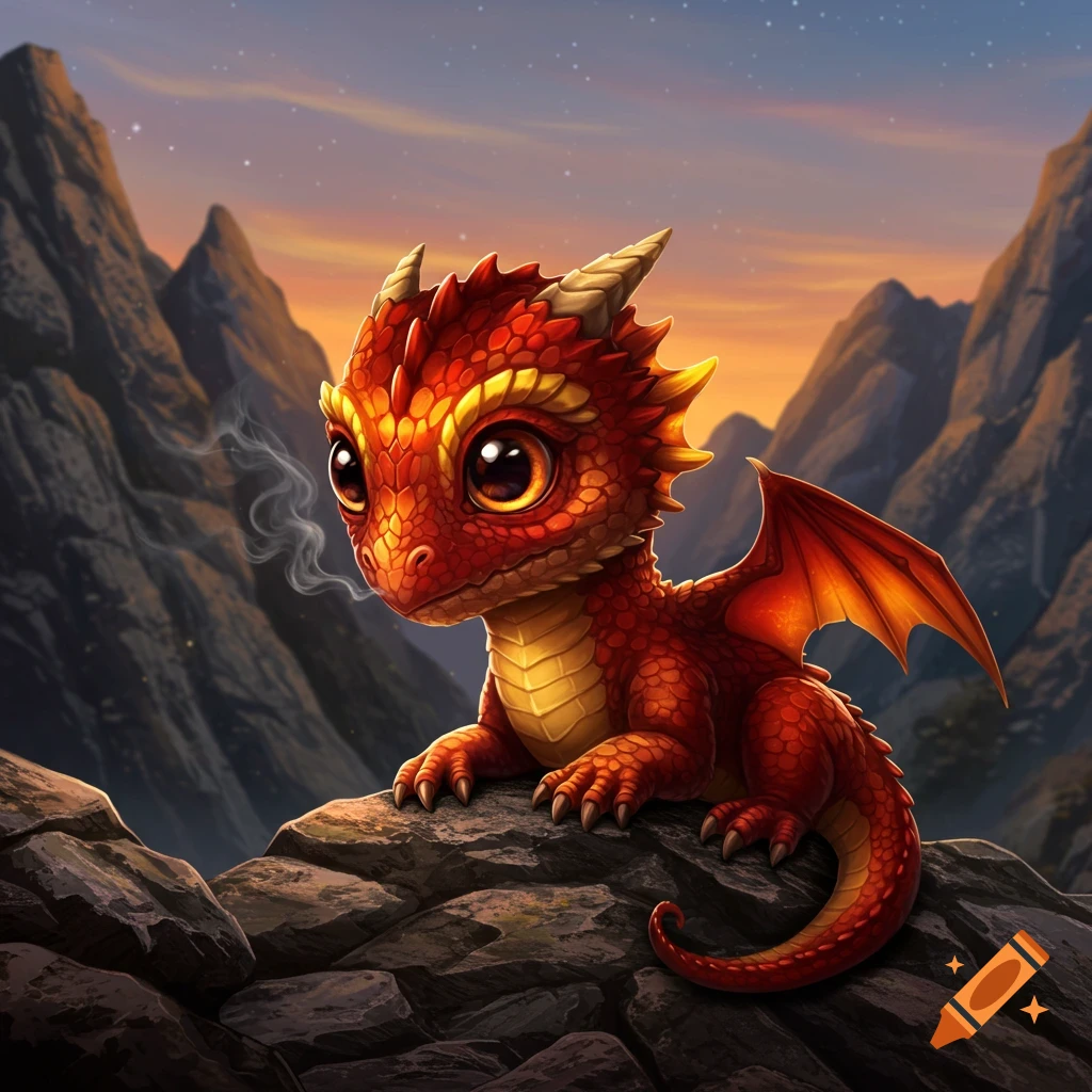 A cute, fiery red baby dragon with large eyes sitting on rocks in a mountainous landscape at sunset.